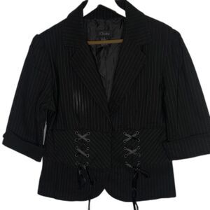 Vintage CHESLEY Top Blouse Corset Lace Up Stripe Academia Goth Womens M Black